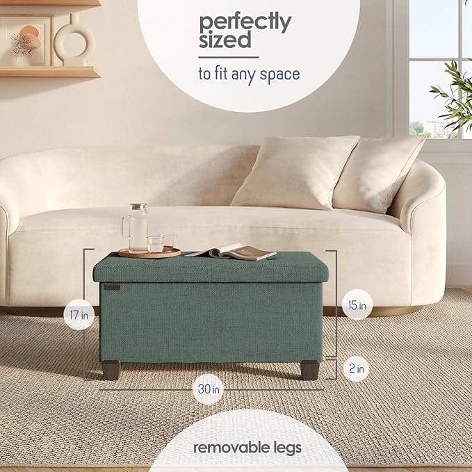 STORAGEBUD Storage Ottoman Bench with Bins, 30-in Storage Bench for Bedroom End of Bed, Folding Foot Rest Ottoman for Living Room Max 660lbs, Fabric Ottomans, Green