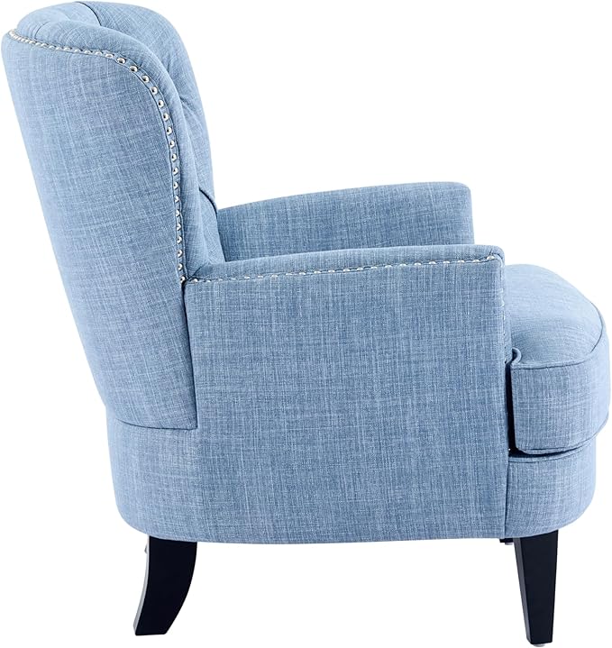 Ball & Cast Accent Chair,Mid-Century Lounge Living Room Chairs with Button Tufting,Upholstered Reading Accent Chair W/Solid Wood Legs and Curved Backrest,for Bedroom,Apartment,Light Blue