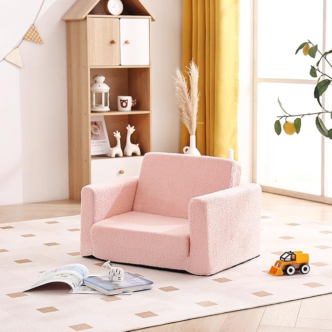 Tiita Kids Chair Couch, Folding Toddler Comfy Sofa Chairs, 2-in-1 Kids Plush Sofas Fold Out, Baby Armrest Chair Sofa to Lounger, Convertible Play Sofas to Bed for Girl or Boy, Pink