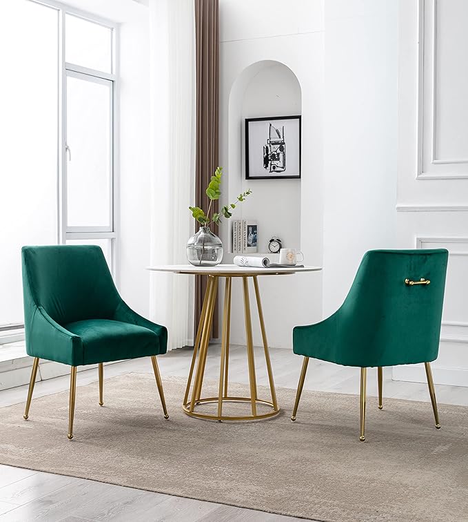 Modern Velvet Dining Chairs Set of 4, Contemporary Upholstered Furniture Collection with Polished Gold Metal Legs, Elegant Accent Chairs for Kitchen Living Room(Green)