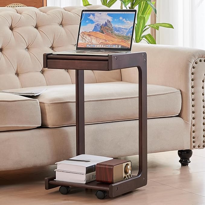 CozyDH C Shaped Solid Wood End Table, Rolling Side Table TV Sofa Tray Table for Eating,Multi-Purpose C Couch Arm Table, Small Coffee Table with Wheels Living Room Bedroom, Walnut