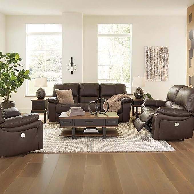 Signature Design by Ashley Leesworth Modern Leather Match Power Reclining Sofa with USB Ports, Dark Brown