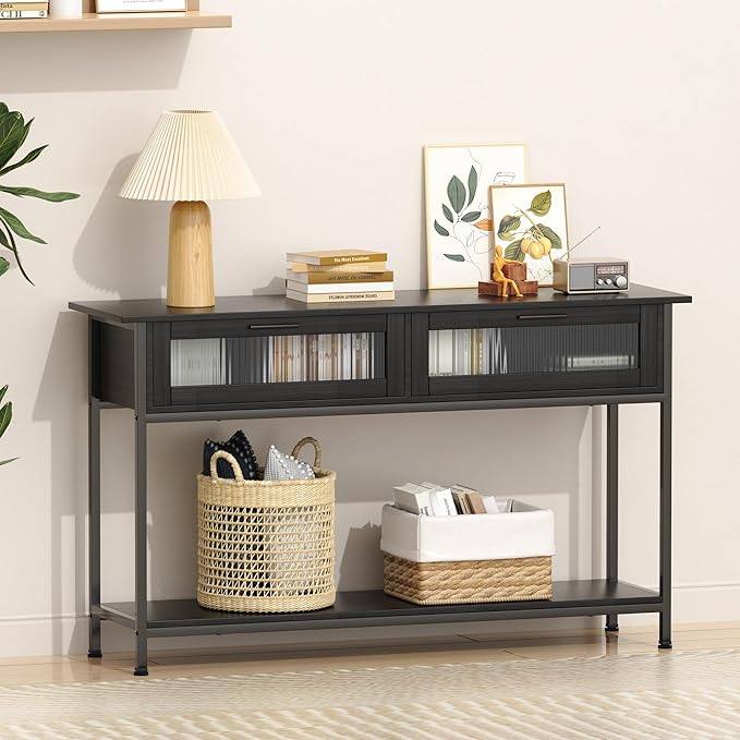 Aetheris 47" Console Table with 2 Drawers, 2 Tier Sofa Table with Storage,Entryway Table, Industrial Console Table for Entryway, Sofa Table Behind Couch for Living Room, Black