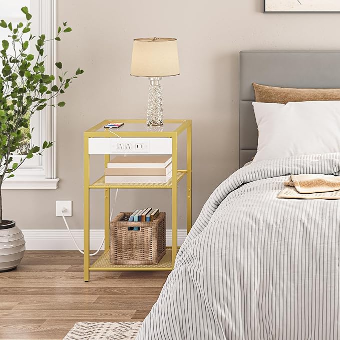 HOOBRO End Table with Charging Station, Side Table with USB Port & Power Outlets, 3-Tier Slim Nightstand with Storage Shelves, Tempered Glass, for Living Room, Bedroom, Gold GD77UBZ01