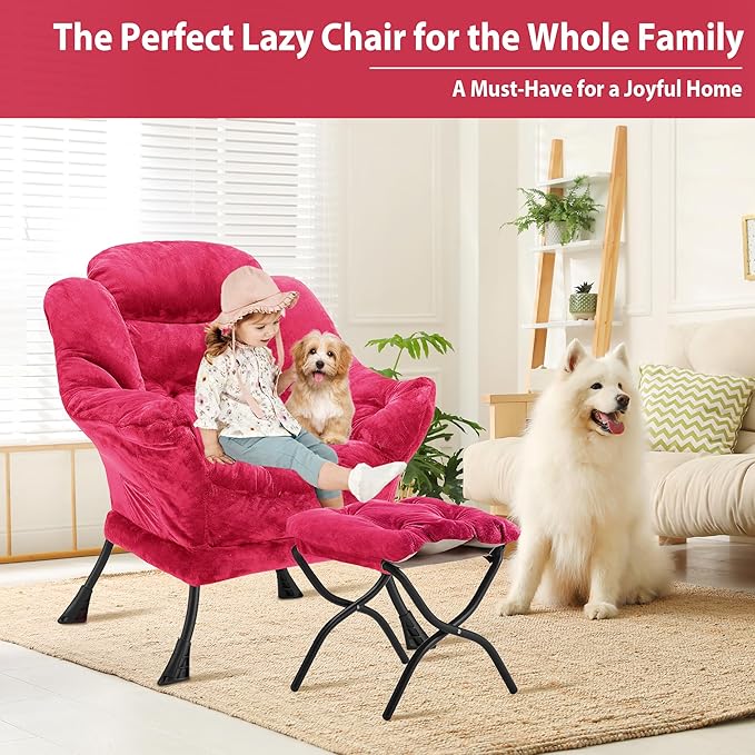 Lazy Chair with Folding Ottoman, Accent Chair Plush Upholstered with Metal Structure and Non-Slip Pads, Sofa Armchair with Footrest and Side Storage Bag for Dorm, Room, Office, Rose Red
