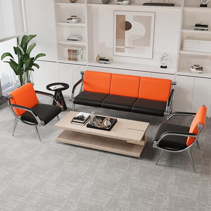 wonline Waiting Room Chair with Armrest PU Leather Office Furniture, Office Guest Seating Lobby Conference Reception Chairs for Airport Clinic Hospital Bank Salon Barber(Orange&Black)