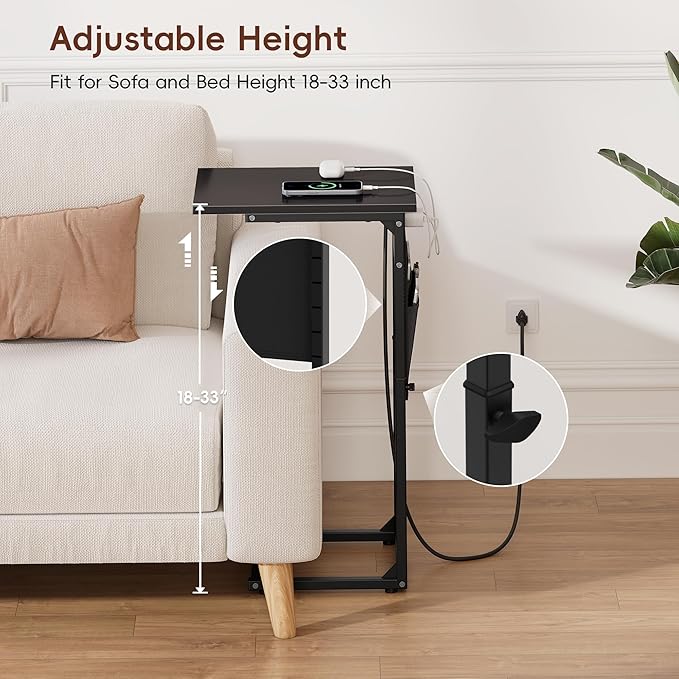Vagusicc C Shaped End Table with Charging Station, Adjustable Height Side Table for Sofa, Couch Side Table for Small Spaces, Slide Under Sofa TV Tray Snack Arm Tables for Living Room, Bedroom, Black