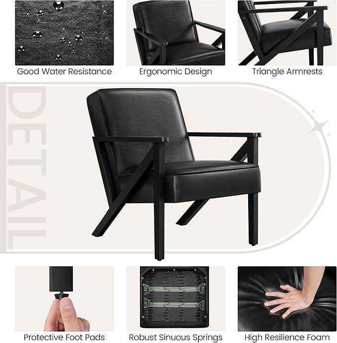 Yaheetech Accent Chair, Armchair with Strong Wood Frame, PU Leather Modern Retro Lounge Chair for Living Room/Lounge/Office/Reception Area, Black