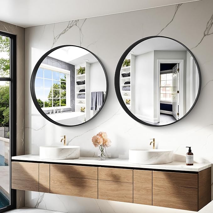 Black Round Mirror 39 inch Deep Frame Circle Mirror,Metal Frame Round Bathroom Mirror, Circle Mirrors for Wall Entryway Washroom Bedroom Living Room Hallway
