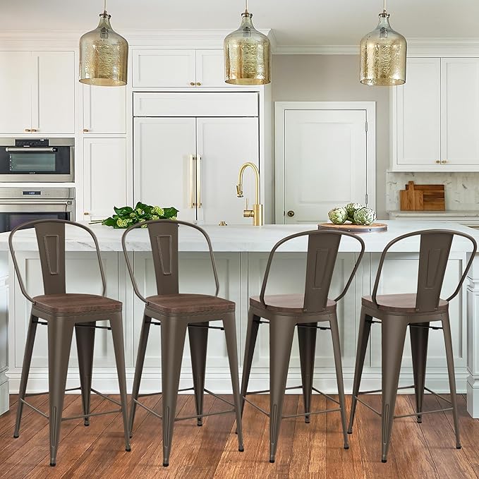 Yongqiang 24 inch Bar Stools Set of 4 Kitchen Counter Height Bar Chairs High Back Metal Barstools with Large Wooden Seat Industrial Rusty
