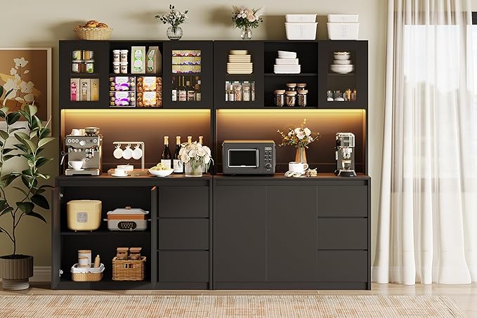 Garvee Kitchen Pantry Cabinet,71" Tall Storage Cabinet with Doors and Shelves Adjustable, Kitchen Storage Hutch with Microwave Shelf, Led Lights and Charging Station,Corner Pantry Cabinet, Black