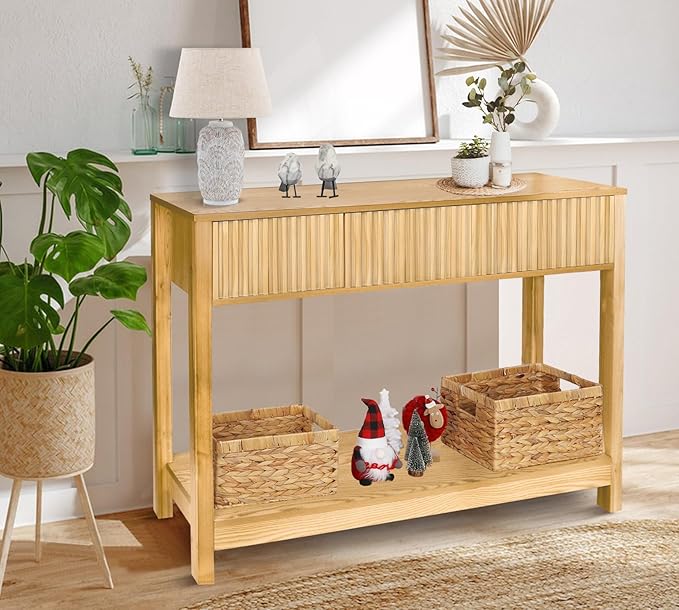 Long Console Table with Storage, Fluted Entryway Slim Sofa Tables Behind Couch Entryway Table, Modern Narrow Wood Hallway Foyer Entrance Couch Tables for Living Room