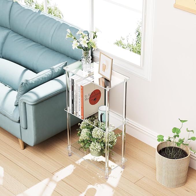 Clear Acrylic Narrow Side Table for Small Spaces, 15.75" L x 7.87" W x 26.7" H, 3 Tier Rectangle Slim End Table Nightstand, Small Mini Skinny Bedside Table for Bedroom, Bathroom, Living Room