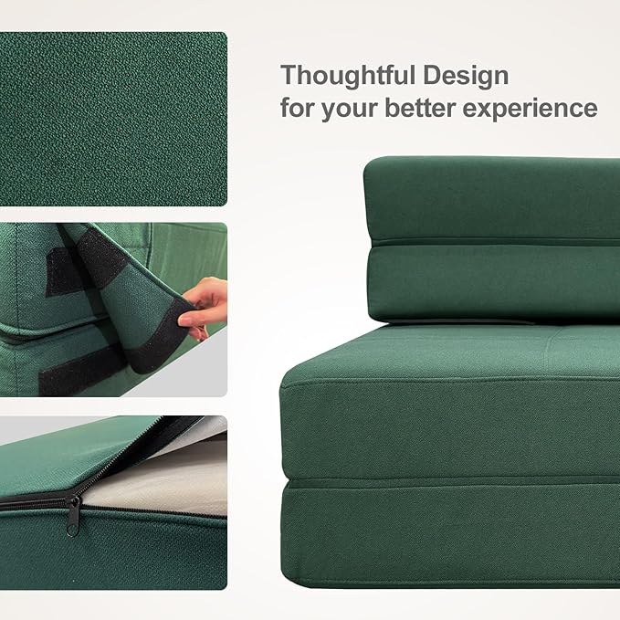 ANONER Fold Out Couch Bed Memory Foam Sleeper Chair with 2 Pillows, Queen Size Futon Couch Guest Convertible Chair Bed, Washable Cover, Dark Green