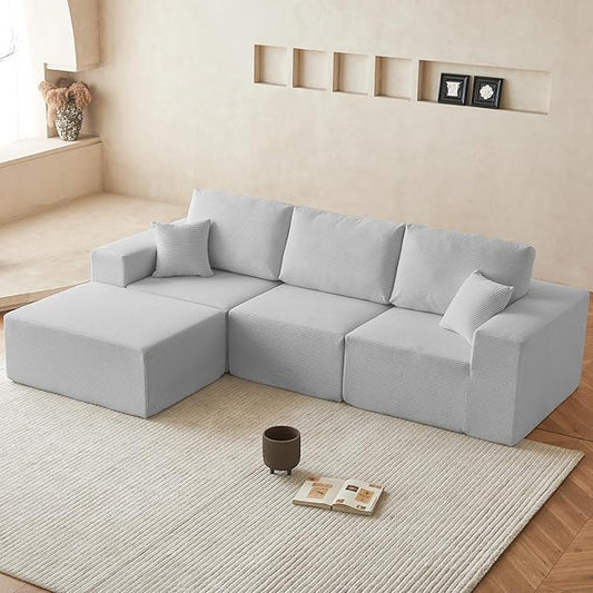 INGEROOM 108" Cloud Sectional Couch, Modular Sectional Sofa with L-Shaped Chaise, Modern Plush Corduroy Couch for Living Room Bedroom, No Assembly Required, Deep Seat（Gray）