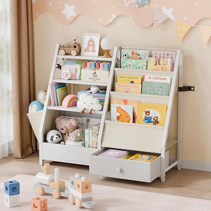 Kids Bookshelf and Toy Storage - Kids Book Shelf for Kids Rooms, Toddler Bookshelf Baby Bookcase for Nursery, Montessori Toy Organizer, White