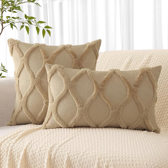 decorUhome Throw Pillow Covers 26x26 Inch Set of 2, Soft Plush Faux Fur Wool Khaki Couch Pillow Covers, Decorative Neutral Pillow Cases for Bed Sofa Living Room Home Decor