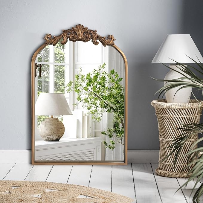 Wall Mirror Window Decorative Traditional Vintage Ornate Baroque Mirrors Antique Arched Farmhouse for Living Room Bedroom Entryway Bathroom Vanity (27 * 19 * 1.2, Gold)