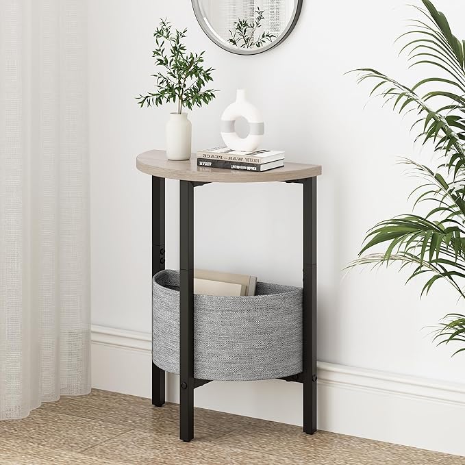 Vagusicc Small Round Side Table End Table with Storage Basket, Accent Coffee Tables Modern Round Nightstand, Set of 2 Half Round Tables, Tall Sofa Table Bedside Table for Living Room Bedroom,Gray