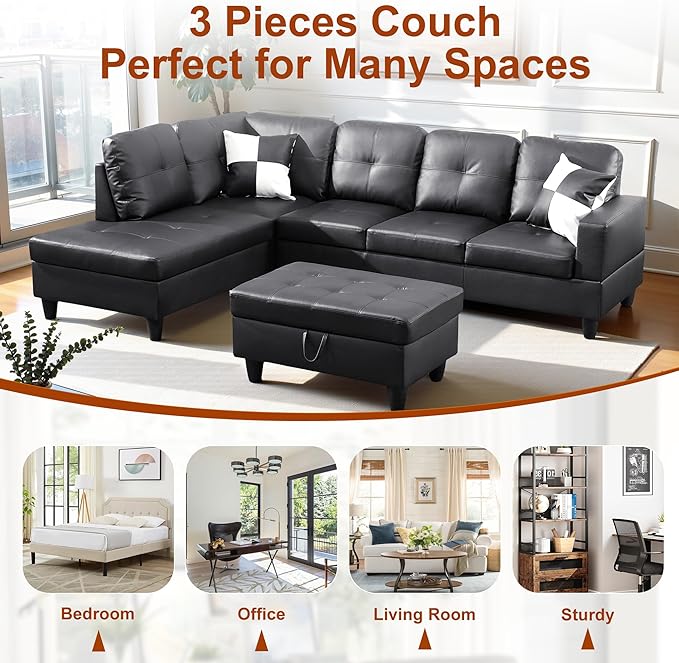 Osparple L Shaped Couch Faux Leather Sectional Couches for Living Room Upholstered 3 Pieces Modular Sectional Sofa with Chaise, Ottoman with Storage for Living Room and Small Apartment, Black