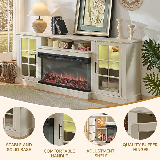 ROCKPOINT 3 Sided Glass 80" Fireplace TV Stand for TVs up to 90", Media Entertainment Center with Glass Door Storage Cabinet for Living Room,36" Electric Fireplace & Adjustable LED Light,White