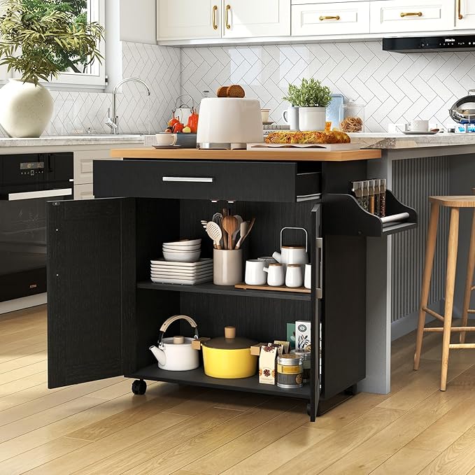 COSTWAY Kitchen Island On Wheels, Rolling Storage Trolley Cart with Large Cabinet, Drawer, Spice Rack and Towel Rack, Kitchen Serving Utility, 3-Position Adjustable Shelf (Black)