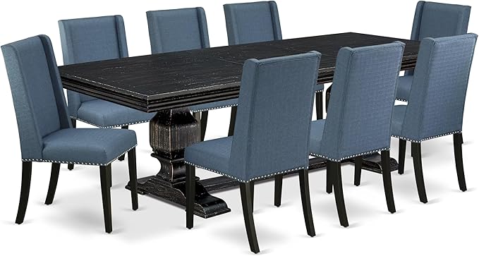 NKFL9-SBB-21-9-Piece Kitchen Table Set Consists of a Wooden Table and 8 Mineral Blue Linen Fabric Parson Chairs with Padded Chair Back - Sand Blasting Black Finish.