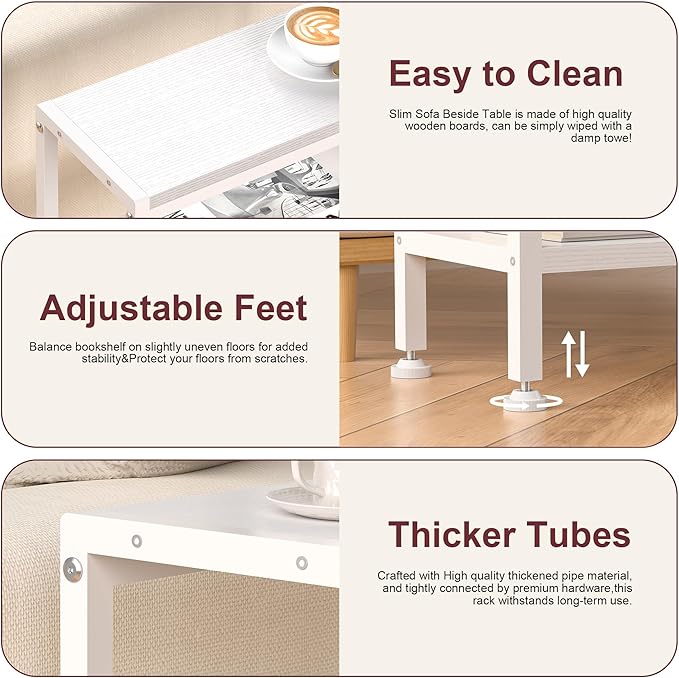 Narrow Side Table for Small Space Set of 2, 3-Tier Small End Table with Shelf Holder, Slim Nightstand, Skinny Snack Couch Table in Living Room, Bedroom, Study, Kitchen and Balcony（White