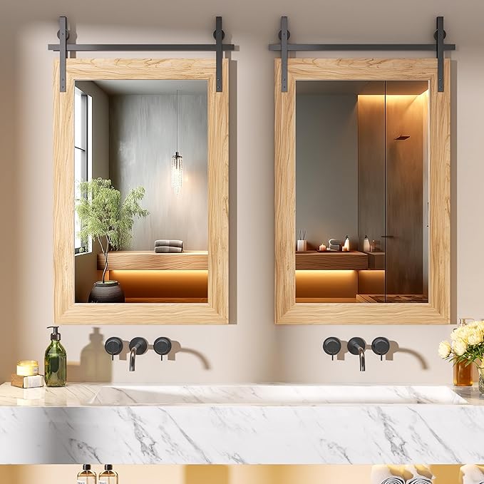 Hasipu Farmhouse Bathroom Mirror, 18"x26" Rustic Wood Framed Wall Mounted Mirror, Brown Vintage Vanity Mirror Barn Door Style Decrative Mirrors