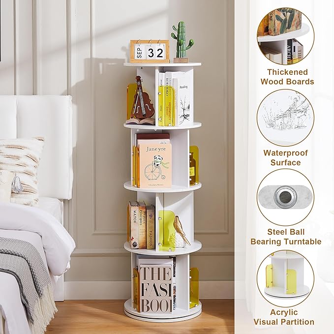 VECELO 4-Tier Rotating Bookshelf, Small Corner Bookshelf for Small Space, 360 Display Floor Standing Bookcase Storage Rack, Wood Narrow Book Shelf Organizer for Bedroom, Living Room, White