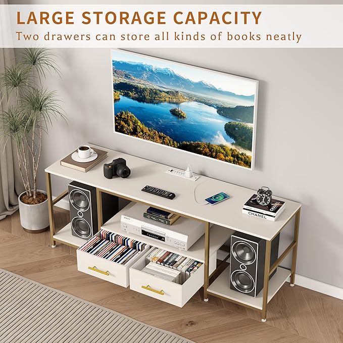 TV Stand for 75 Inch TV, TV Stands for Living Room with 2 Storage Drawers, Entertainment Center with Power Outlets, TV Stand for Bedroom, Television Stands, White/Gold