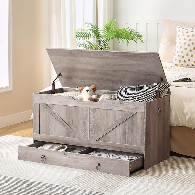 HOOBRO Storage Chest, 39.3" Toy Chest with Drawer, Wooden Storage Bench, Sturdy Entryway Bench Supports 220 lb, Safety Hinge, U-Shaped Opening, Easy Assembly, Greige BG710CW01G1