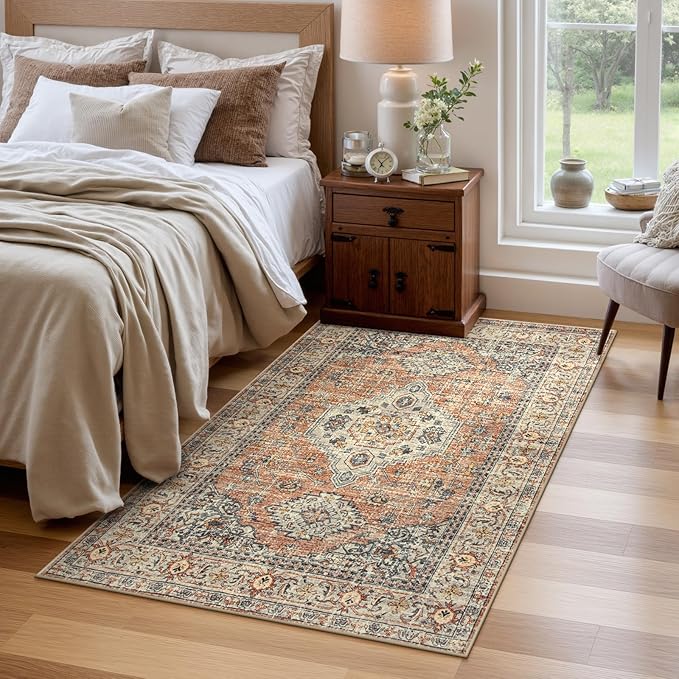 Lahome Oriental Washable Rug, 3x5 Rugs for Bedroom Living Room Entryway, Vintage Ultra-Thin Non-Slip Soft Throw Carpet for Kitchen Office Entrance, Peach/Orange