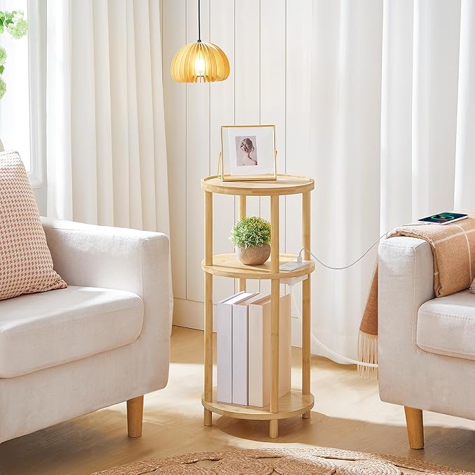 HOOBRO Small Round Side Table with Charging Station, 3-Tier Round Bamboo End Table, Compact Sofa Bedside Table for Small Space, Easy Assembly, for Living Room, Bedroom, Apartment, Natural YL152UBZ01