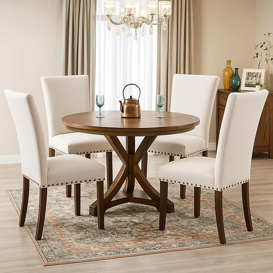 Set of 4 Beige Upholstered Dining Chairs, Farmhouse Kitchen Chairs with High Back Support, Solid Rubberwood Legs, Comfortable Padded Seat, Bronze Nailhead Trim, Dining Room Chairs for Family Meals