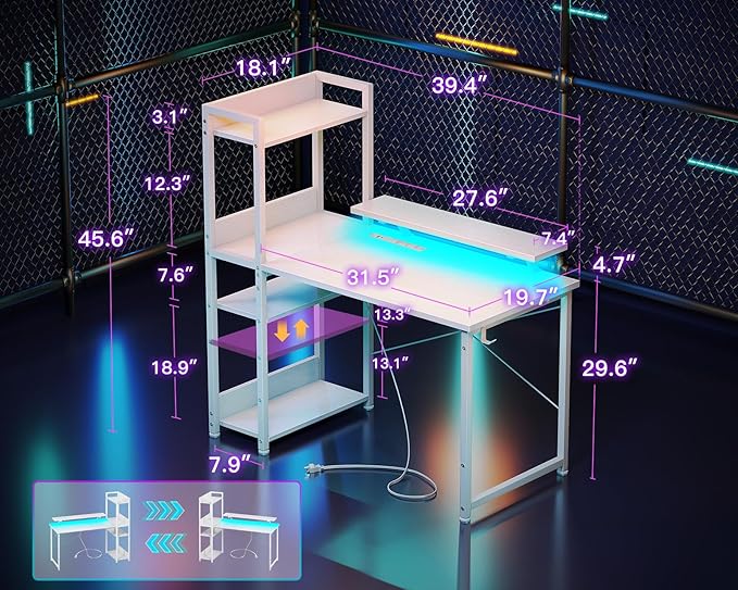 ODK Reversible Gaming Desk with USB Charging Port and LED Lights, 40 Inch Computer Desk with Storage Shelves & Monitor Stand, Writing Study Table for Home Office, Small Space Bedroom, White