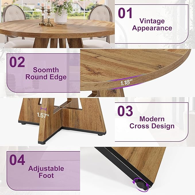 Round Dining Table for 4, 47" Wooden Kitchen Dinner Table Rustic, Farmhouse Table for Dining Room, Living Room, Light Oak Brown