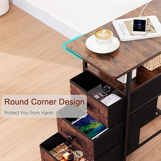 AMHANCIBLE End Tables Living Room with Charging Station, Narrow Side Table with USB Ports and Outlets, Slim Nightstand with 3 Fabric Drawers for Bedroom, Small Space, Rustic Brown, HETN013BR-1