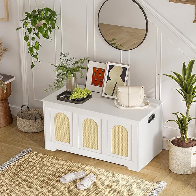 DINZI LVJ Storage Chest, 39.4" Rattan-Like Storage Box with 2 Safety Hinges, Wooden Entryway Shoe Bench with Flip-Top, Trunk for Living Room, Bedroom, Easy Assembly, White and Natural
