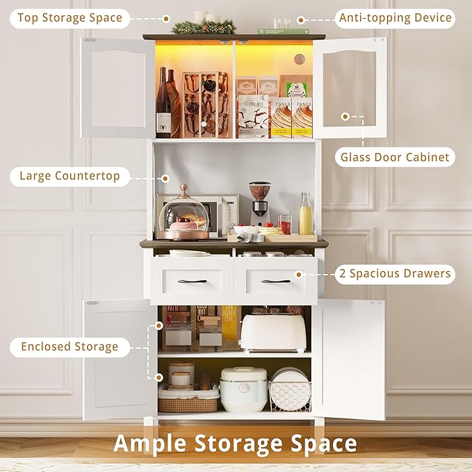 IRONCK 71" Pantry Cabinet with LED Lights and Charging Station, Tall Kitchen Storage Cabinet with Microwave Stand, Farmhouse Kitchen Hutch for Dining Room, White