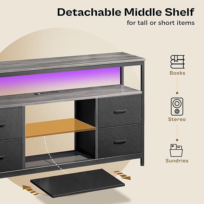 Huuger TV Stand Dresser with Power Outlets and LED Lights, 4 Drawers Entertainment Center with Shelves, 54in Media Console for 55 60 Inch TV, Dresser with PU Finish, Grey and Black