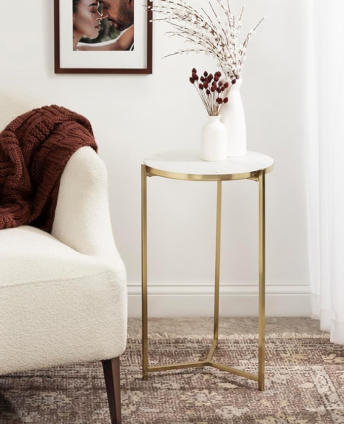 Kate and Laurel Aguilar Modern Round Side Table, 15 x 15 x 24, White and Gold, Genuine Marble Nightstand for Small Spaces and Living Room Décor