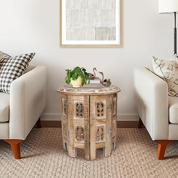 Versatile Octagonal Wooden Table – 12" Round Top, 12" Height – Rustic White-Wash Coffee Table, Side Table, or End Table for Living Room, Bedroom, or Kids’ Room