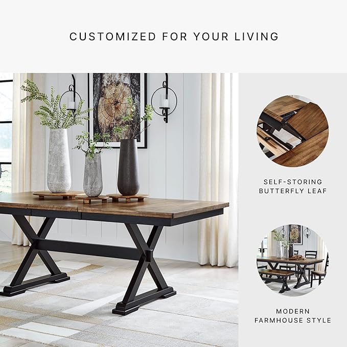 Signature Design by Ashley Wildenauer Farmhouse Dining Extension Table with Self-Storing Butterfly Leaf for 6-8 People, Black & Dark Brown