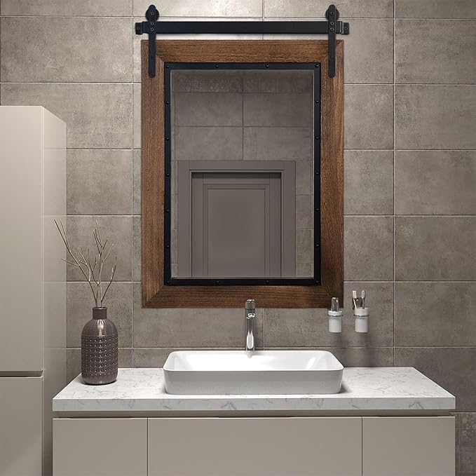 YOSHOOT Farmhouse Barn Door Mirror, 40"x30" Rustic Bathroom Mirror, Wood Frame Wall Mirror, Wooden Mirror for Living Room Bedroom Entryway Wall Décor, Vertical Hanging ONLY