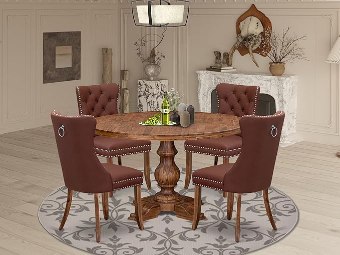 I5DA5-50N-26 5-Pc Kitchen Table Set Contain a Wooden Table and 4 Burgundy Polyester Fabric Upholstered Chairs with Button-Tufted Back, Antique Walnut
