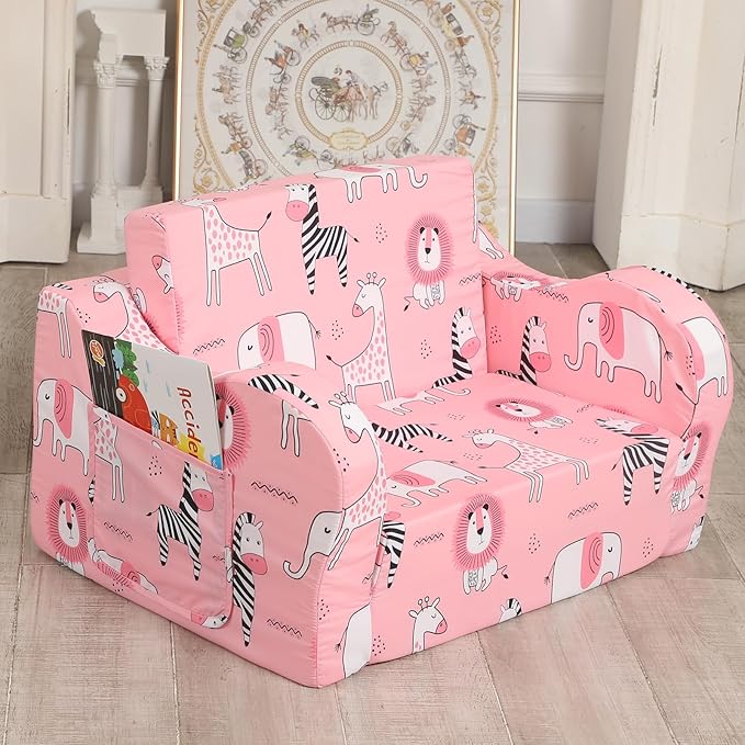 Pink Kids Sofa, 2-in-1 Kids Couch Fold Out, Convertible Sofa to Bed for Girls and Boys