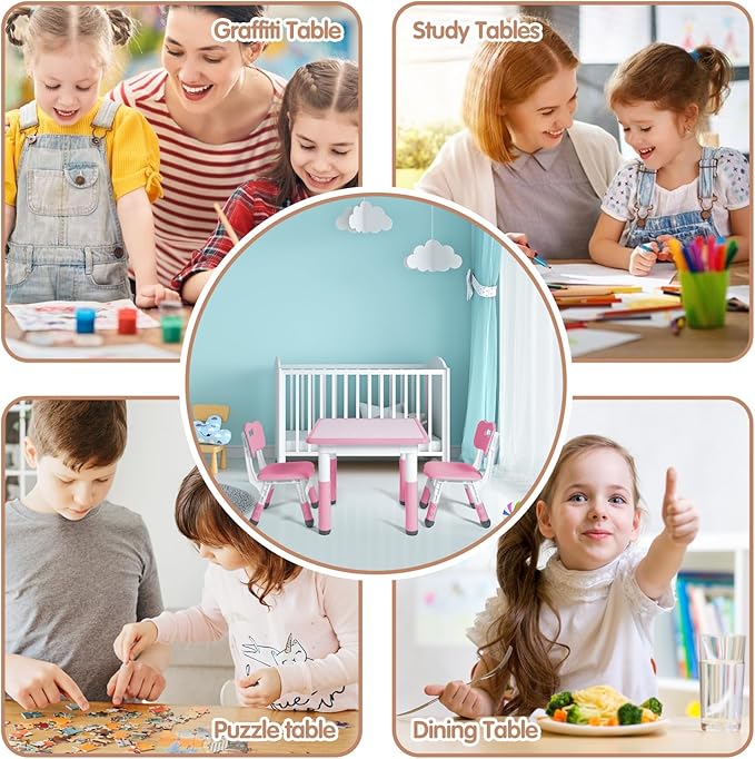 Kids Table and 2 Chairs Set, Height Adjustable Toddler Study Table and Chair Set, Kid Size for Ages 3-8 Children, Graffiti Desktop, Easy to Wipe/Arts & Crafts, Homes/Classrooms/Daycare (Pink)