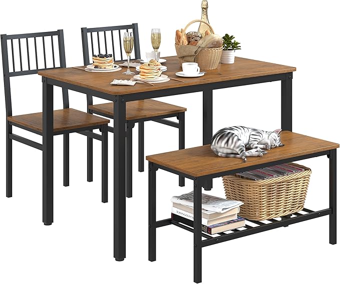 Teraves Dining Table Set for 4/Computer Desk,Kitchen Table with 2 Chairs and a Bench,Table and Chairs Dining Room Set 4 Piece Set for Dining Room (Teak, 120CM)