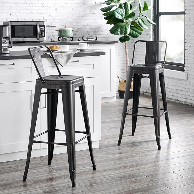AC Pacific 30” Metal Barstool Set of 4 – Country Rustic Style with Low Back, Lightweight & Sturdy Build, Easy Assembly – Distressed Black